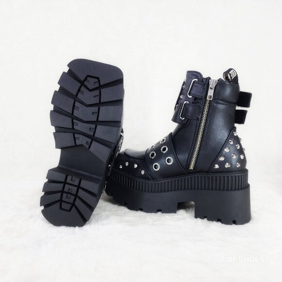 Wicked Wrath 58 Square Toe Goth Lace Up Big Buckle Strap Ankle Boots - Picture 11 of 13